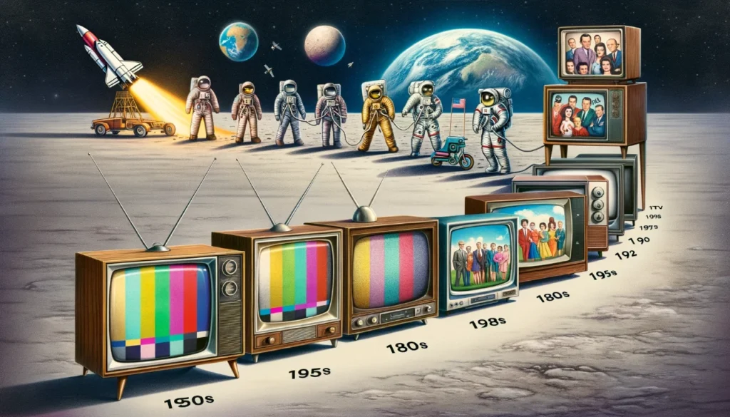 Photo of a timeline showcasing the evolution of television. Starting from a vintage wooden television set from the 1950s on the left, transitioning to a colorful 1980s TV in the middle, and ending with a modern flat-screen TV on the right. The background is adorned with various iconic television moments, such as astronauts landing on the moon and popular TV show scenes.